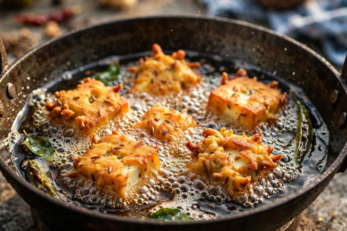Crispy Paneer Pakora — Golden Fried Fritters with Spiced Gram Flour Batter — cooking photo