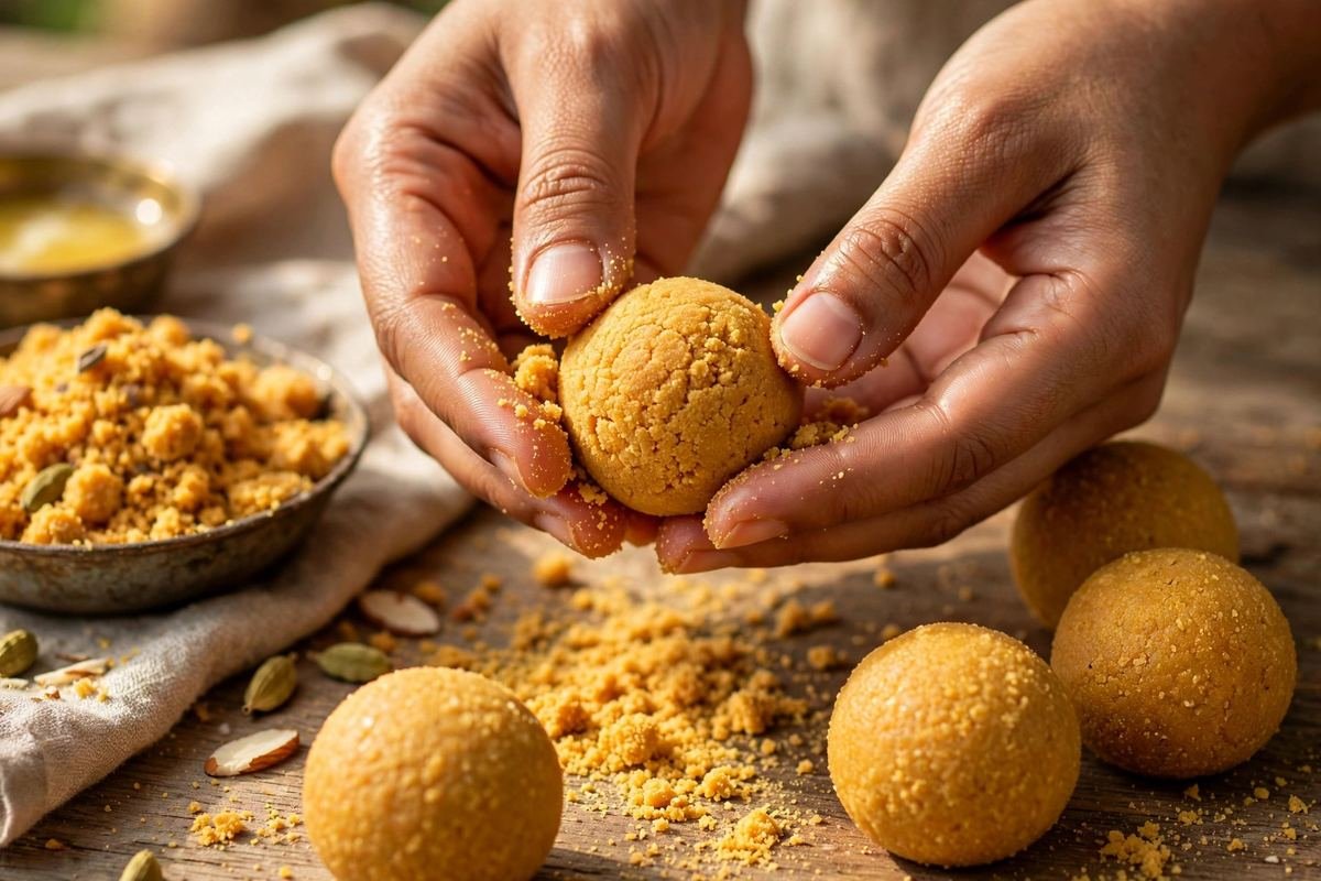 Besan Ladoo — The Perfect Melt-in-Mouth Chickpea Flour Sweet — cooking photo