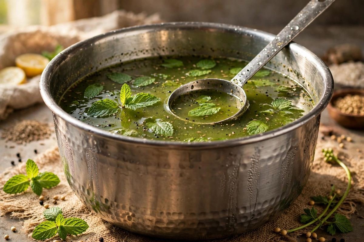 Pani Puri — Crisp Puris with Spicy Mint Water and Tangy Tamarind — cooking photo