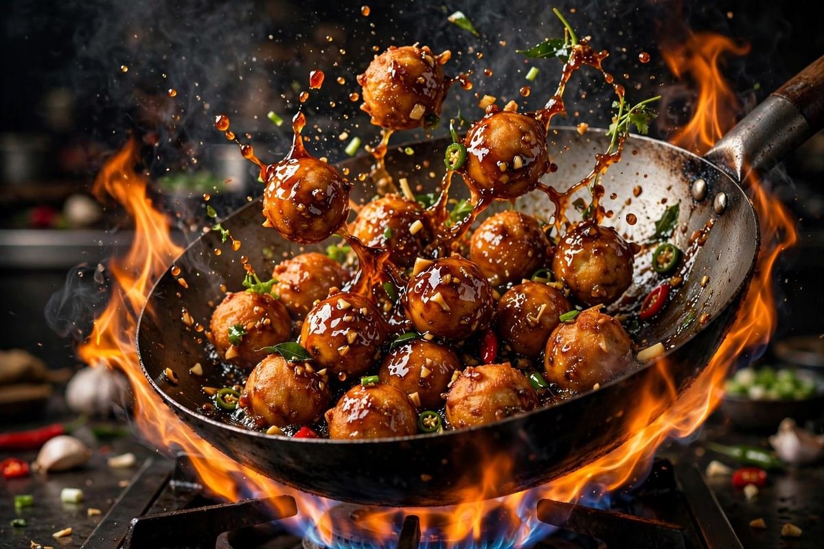 Veg Manchurian Recipe — Crispy Dumplings in Garlic Soy Gravy — cooking photo