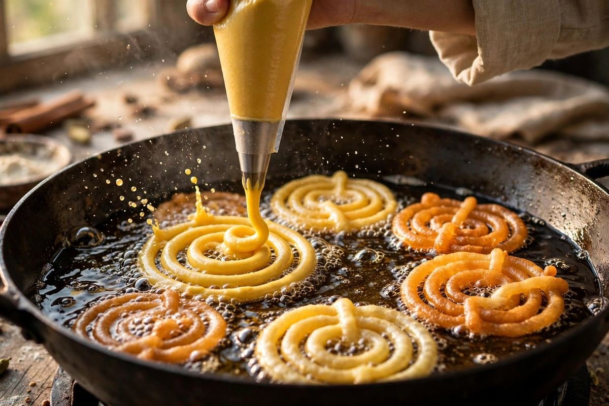 Crispy Jalebi Recipe — Hot, Juicy, Saffron-Syrup Spirals — step photo