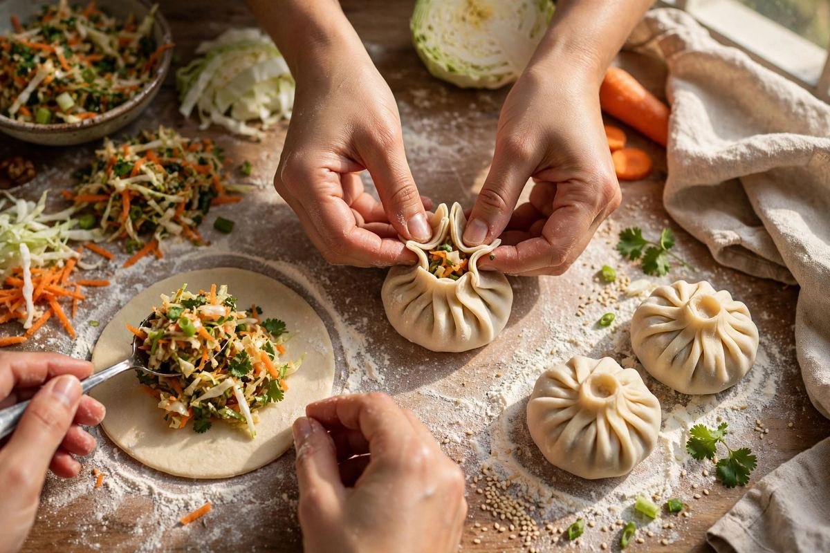 Steamed Veg Momos Recipe — Juicy Pleated Dumplings with Spicy Red Chutney — step photo