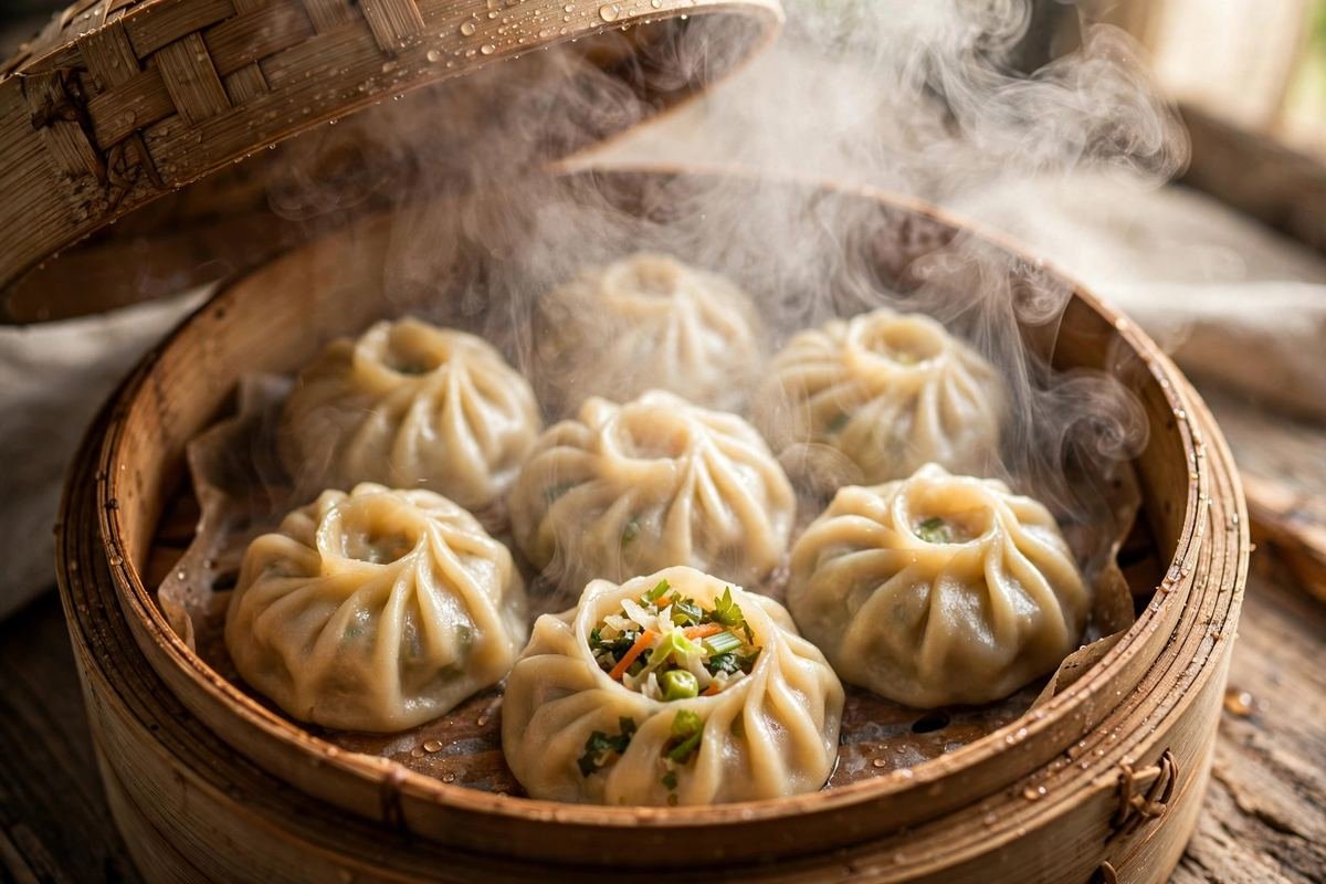 Steamed Veg Momos Recipe — Juicy Pleated Dumplings with Spicy Red Chutney — cooking photo