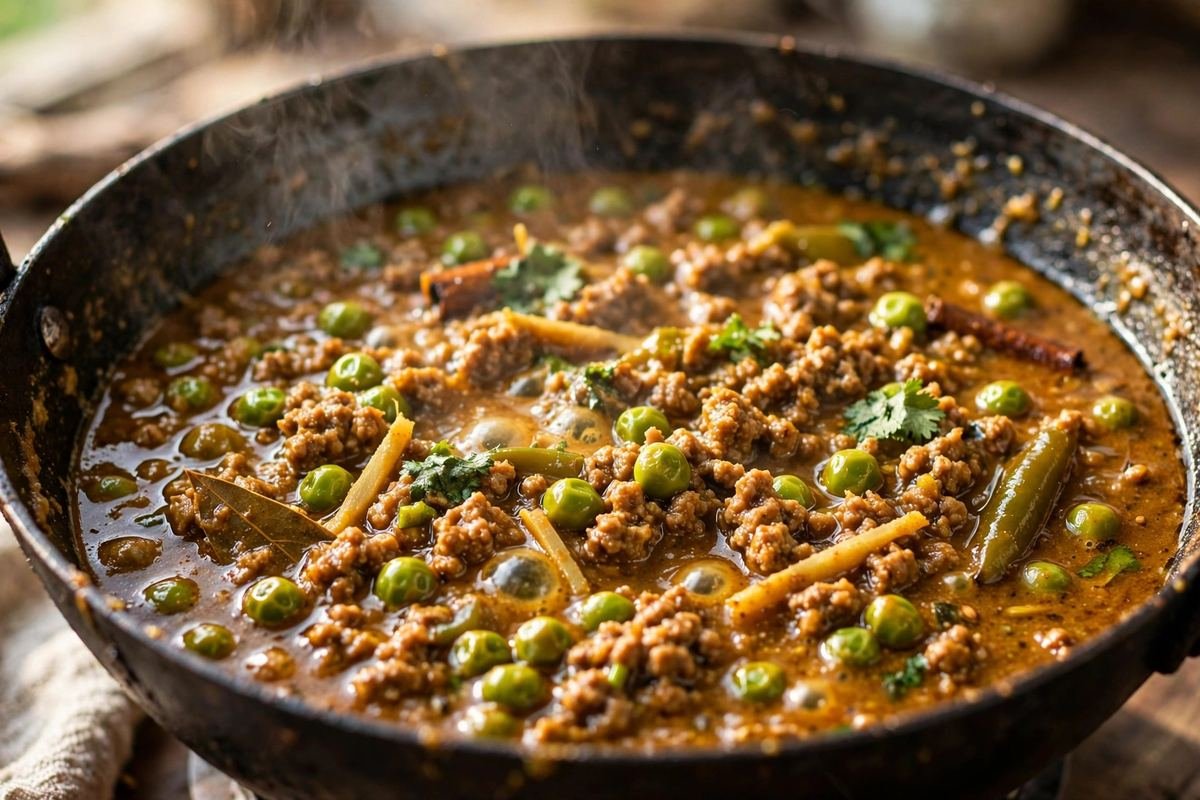 Keema Matar Recipe — Spiced Mince with Green Peas — cooking photo